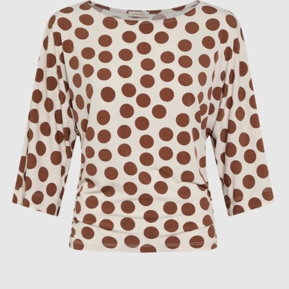 Laura Boat Neck Polka Dot Top Dolman Sleeve Ruched Sides Brown Cream - Picture 4 of 9